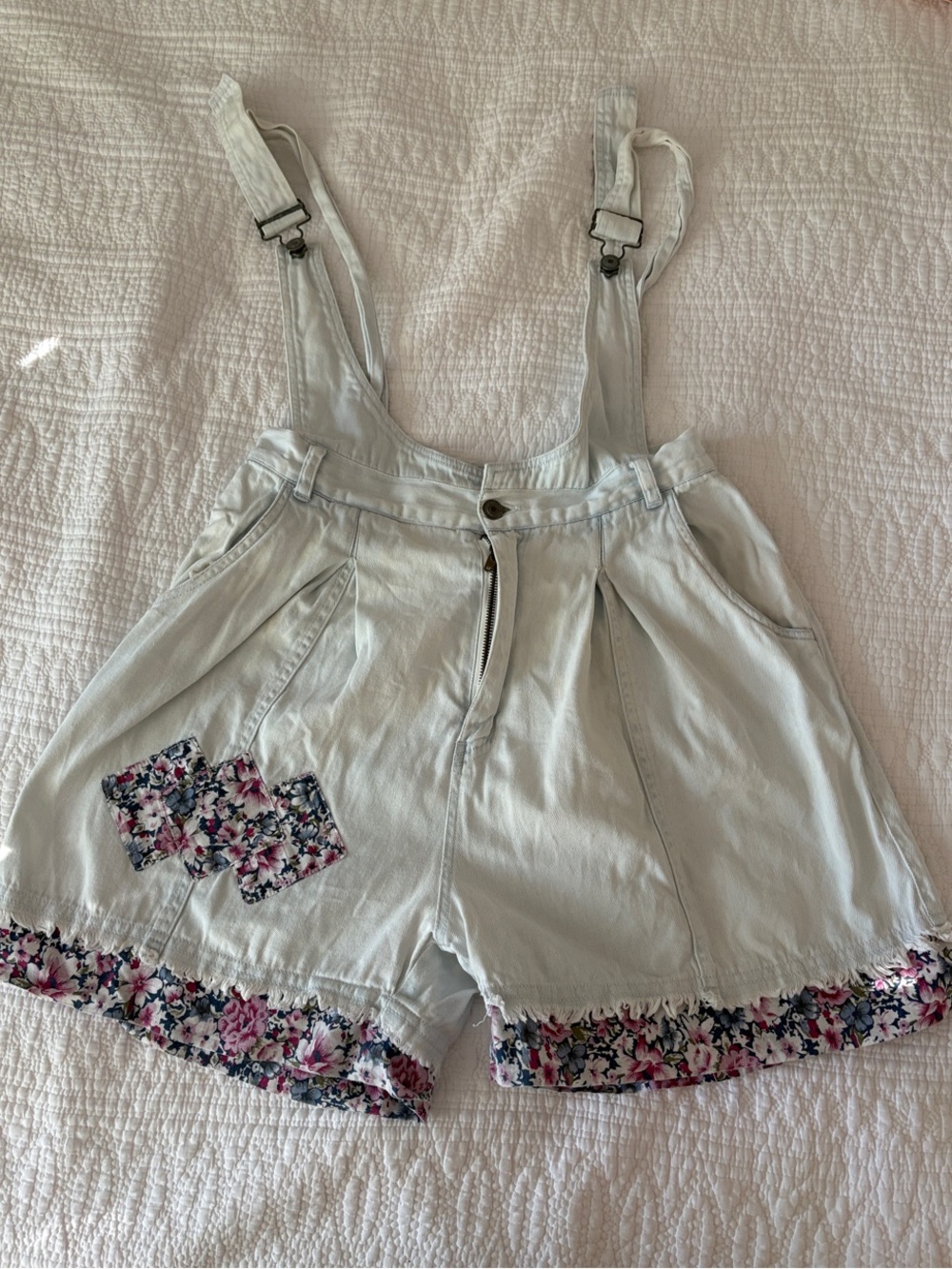 Light Blue Floral-Trim Suspender Bermuda Shorts